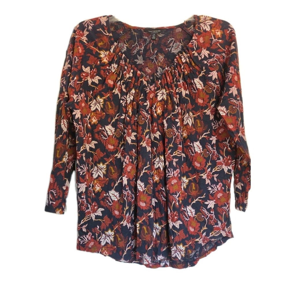 Lucky Brand blouse v neck Gathered Pleating Boho floral size Large